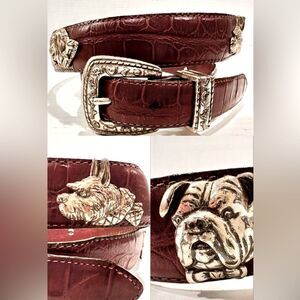 Talbots Burgundy Croc-Embossed Leather Belt with Silver Dog Head Accents